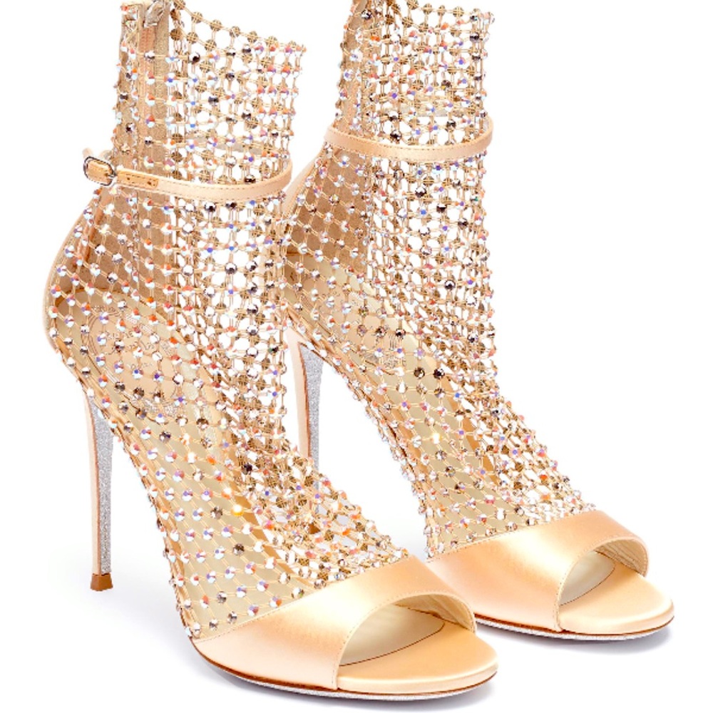 Rene Caovilla Crystal Mesh and Metallic Nude